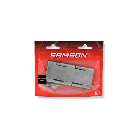 Samson Hinge Butt Weld On 100mm Hinges in retail packaging, displaying the silver metal hinge and brand logo.