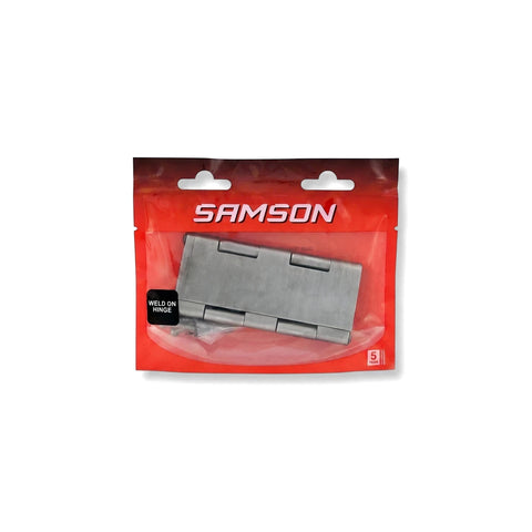 Samson Hinge Butt Weld On 100mm Hinges in retail packaging, displaying the silver metal hinge and brand logo.