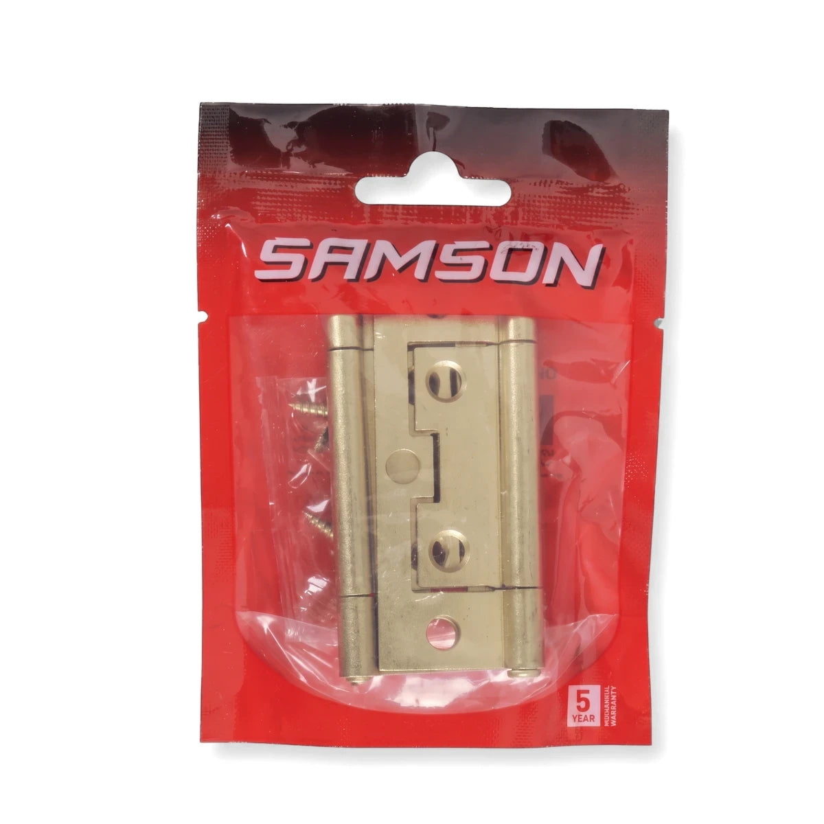 A Samson Hinge Flush St 75mm Bp Hinge in a brass finish, packaged in clear plastic with a red backing, including screws.