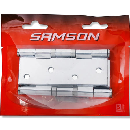 Samson Hinge Flush Ball Bearing Steel 100mm Chrome Plated Hinges in retail packaging.