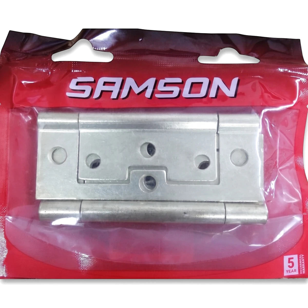 Samson Hinge Flush St 100mm Bp Hinges in clear and red plastic packaging, metal with a silver-toned finish.