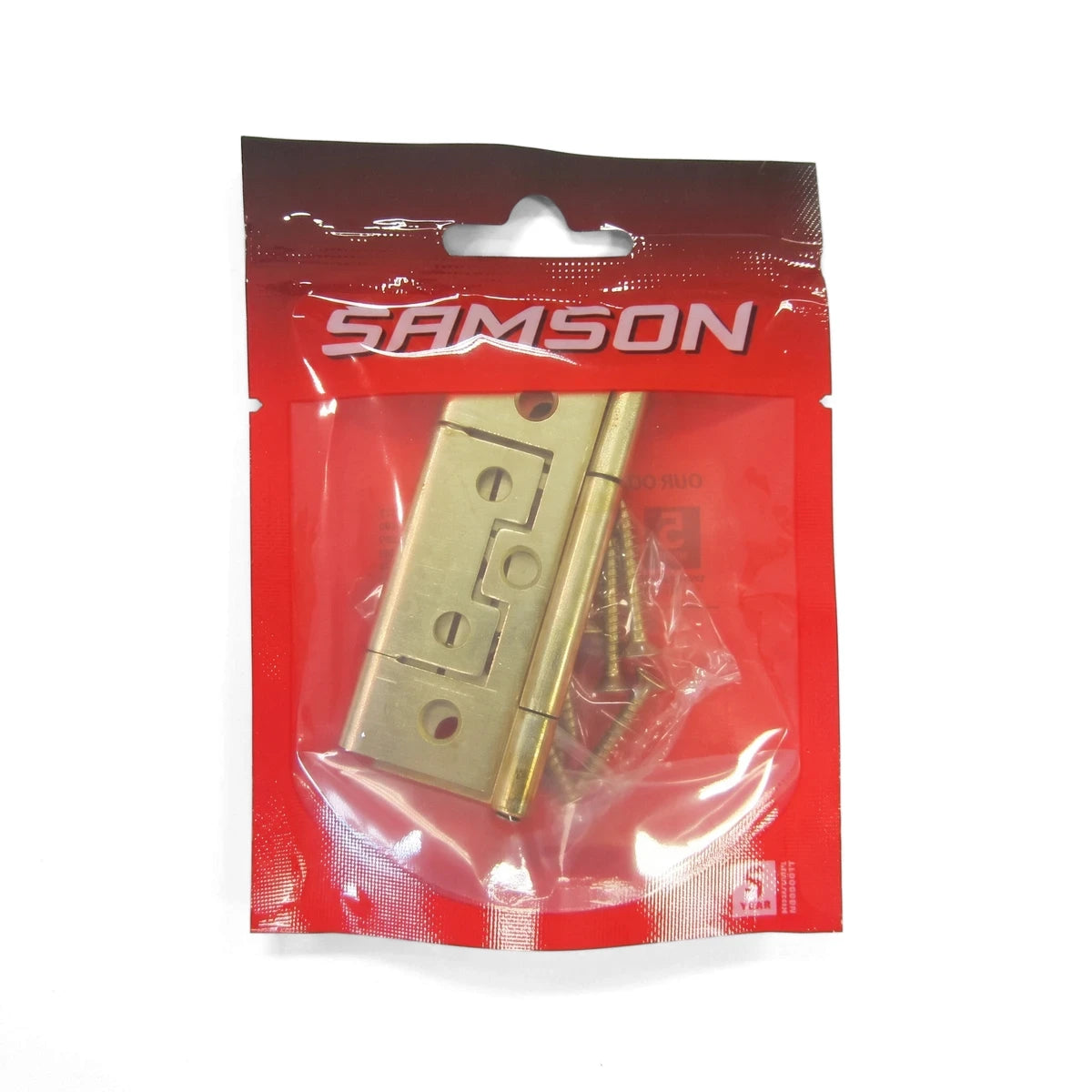 Samson Hinge Flush St 64mm Bp Hinges package, displaying a golden brass hinge and screws through clear plastic, on a white