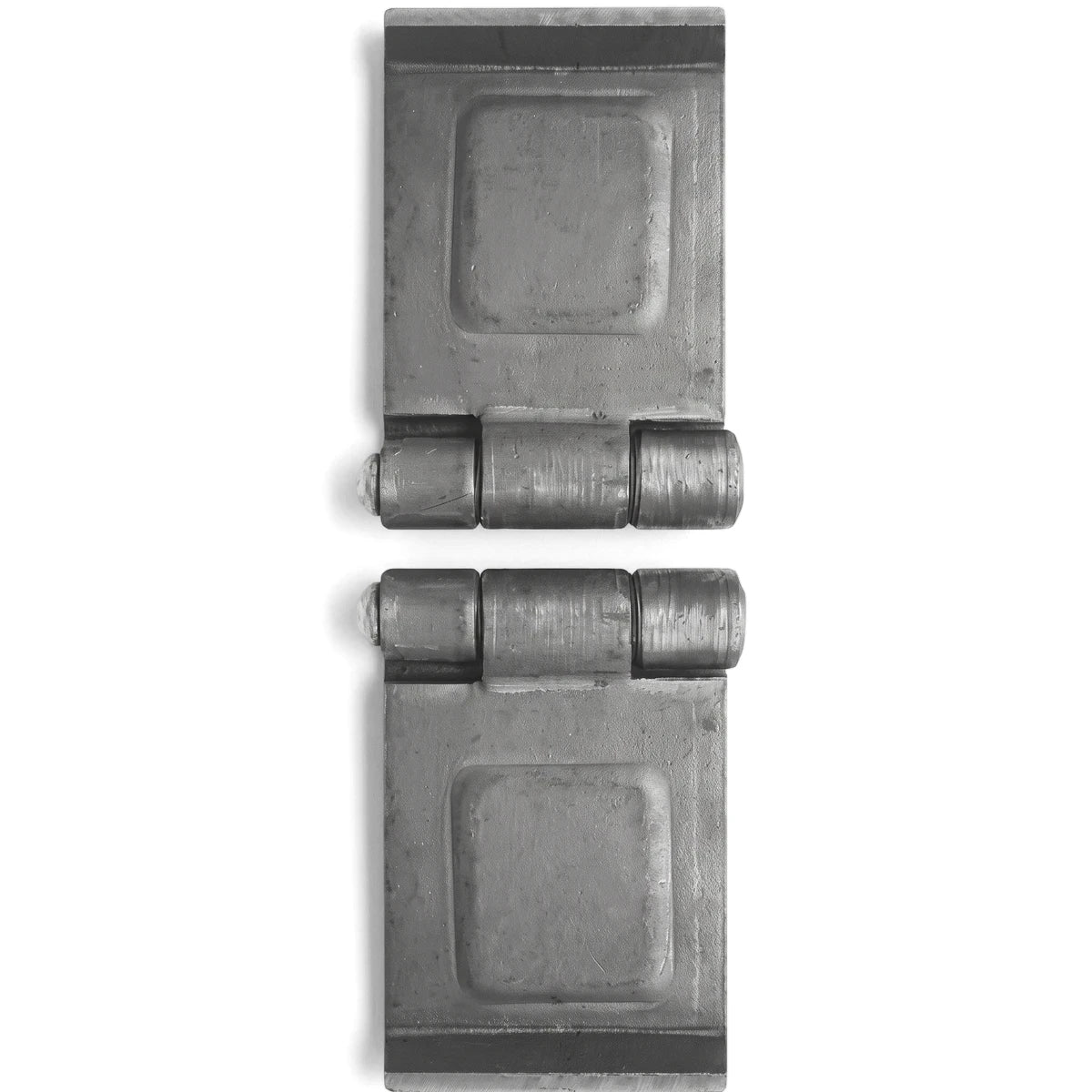 Two Samson Hinge Parl Steel Pin Hinges, made of gray metal, shown in a closed position on a white background, highlighting