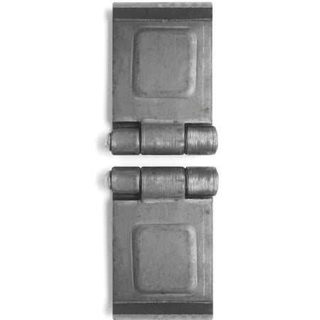 Two Samson Hinge Parl Steel Pin Hinges, made of gray metal, shown in a closed position on a white background, highlighting