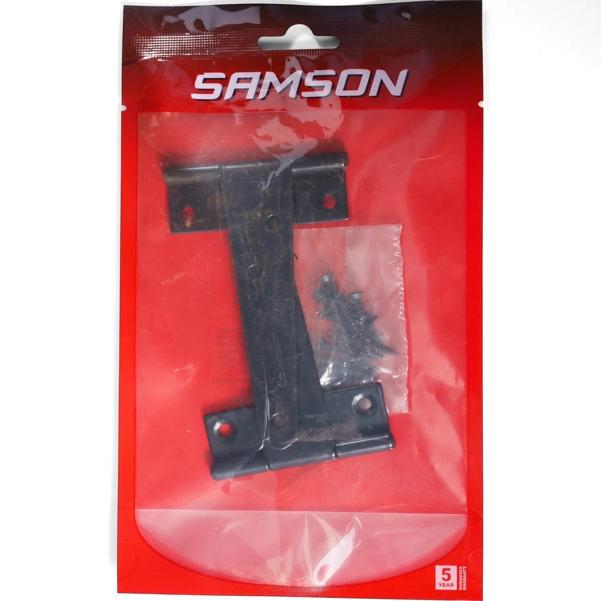 A black Samson Hinge Tee made of steel, 100mm, packaged in clear plastic with a red backing.