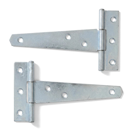Pair of Samson 100mm zinc-plated steel tee hinges with a silver finish, featuring multiple pre-drilled holes for mounting on