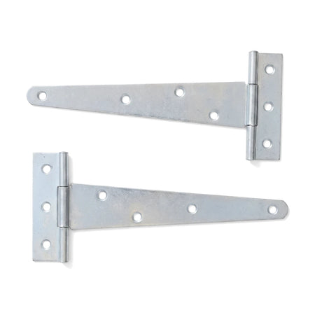 Two silver zinc-plated steel T-hinges, 150mm, for gates or doors, shown against a clean white background.