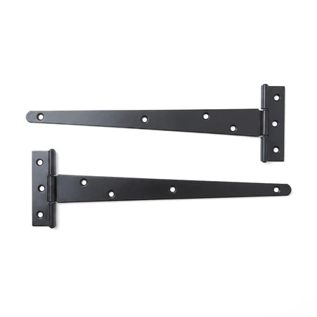 Two black Samson Tee Hinges, 250mm steel construction, designed for heavy-duty gates and doors, shown side by side.