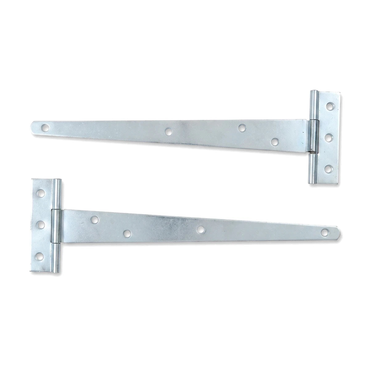 A set of two galvanized steel tee hinges, 250mm, featuring a durable silver finish and multiple screw holes for secure