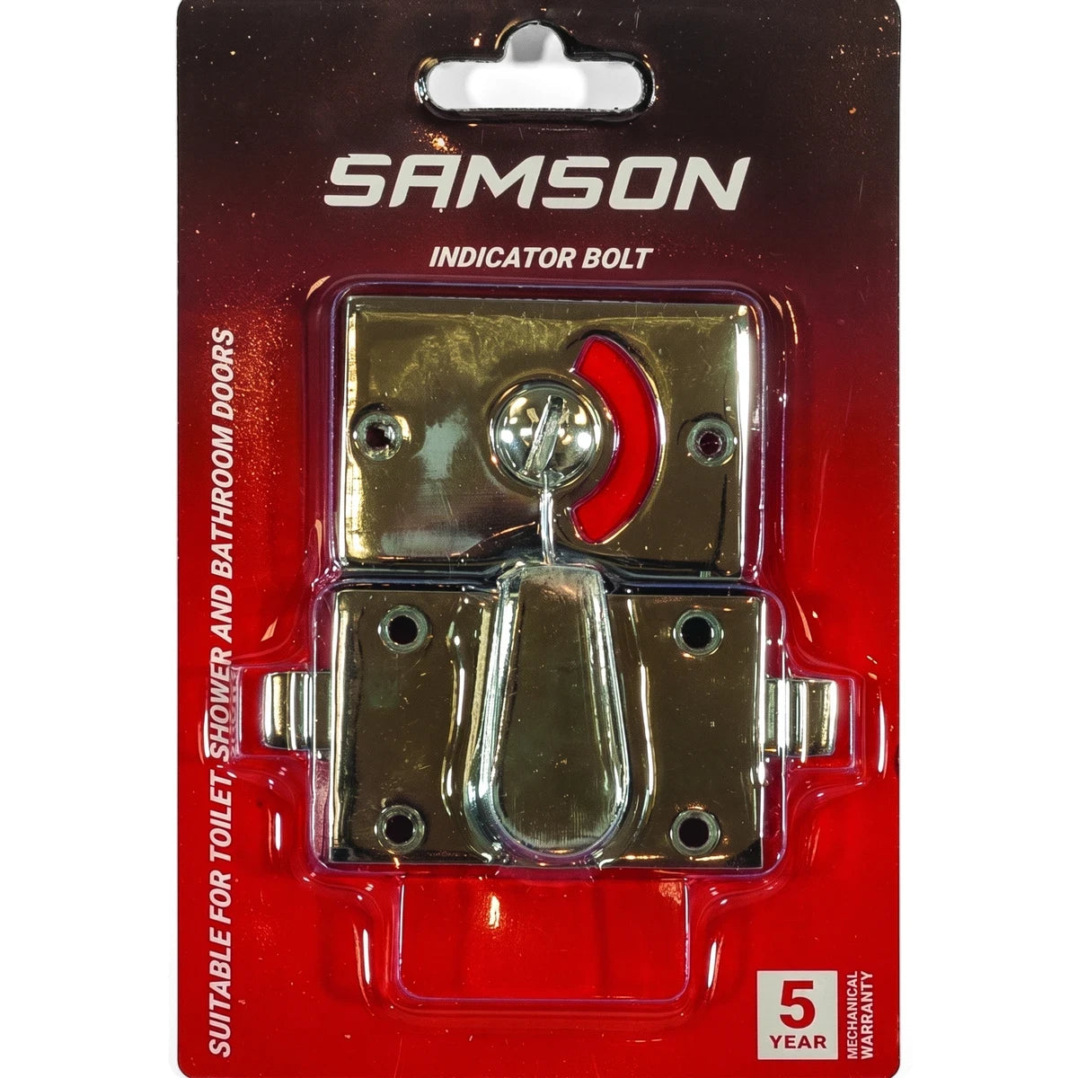 Samson Indicator Bolt for toilet, shower, and bathroom doors, featuring a chrome finish and red indicator, packaged in clear