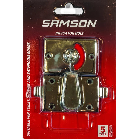 Samson Indicator Bolt for toilet, shower, and bathroom doors, featuring a chrome finish and red indicator, packaged in clear