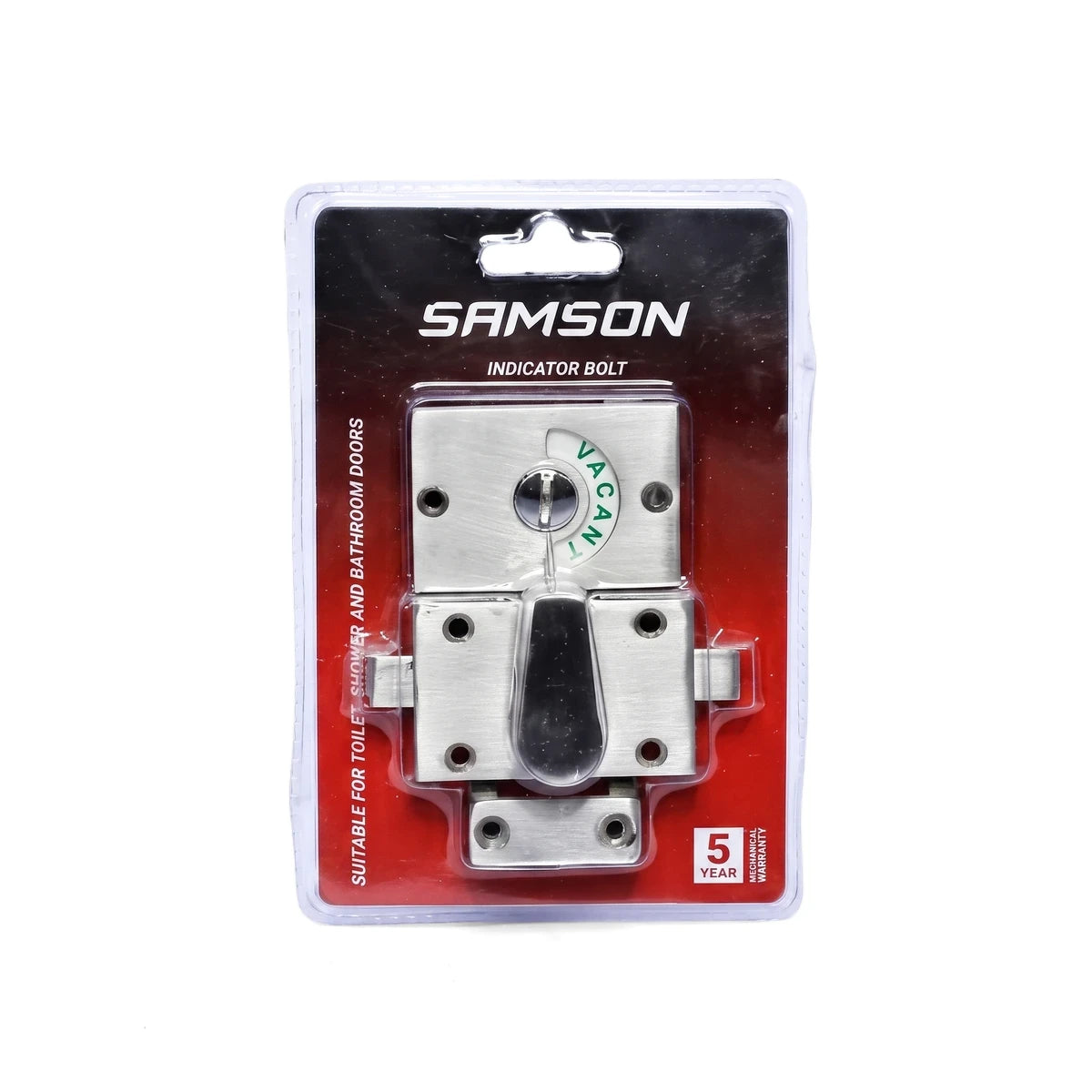 Samson Indicator Bolt suitable for toilet and bathroom doors, shown packaged in silver metal with a vacant indicator.