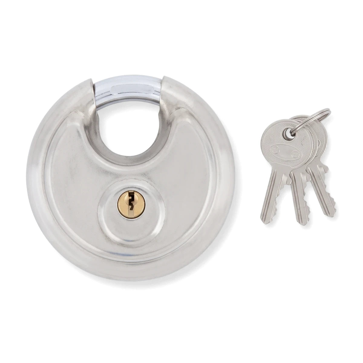 Samson P/Lock Insur Brass 90mm Disc Padlock with a silver finish and a gold keyhole, accompanied by three silver keys.