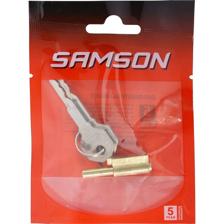 Samson Keyhole Blocker Locks & Latches in red plastic packaging with a clear window displaying two silver keys and a brass