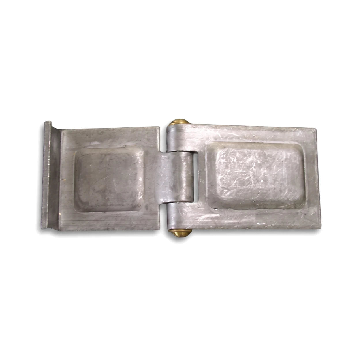 Large Samson steel pin hinge, silver-toned, with visible brass pins and textured surface.