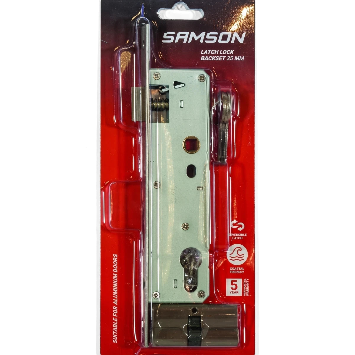Samson Latch Lock 35mm with 65mm cylinder, silver-toned, packaged on a red card, suitable for aluminum doors.