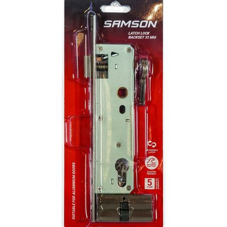 Samson Latch Lock 35mm with 65mm cylinder, silver-toned, packaged on a red card, suitable for aluminum doors.