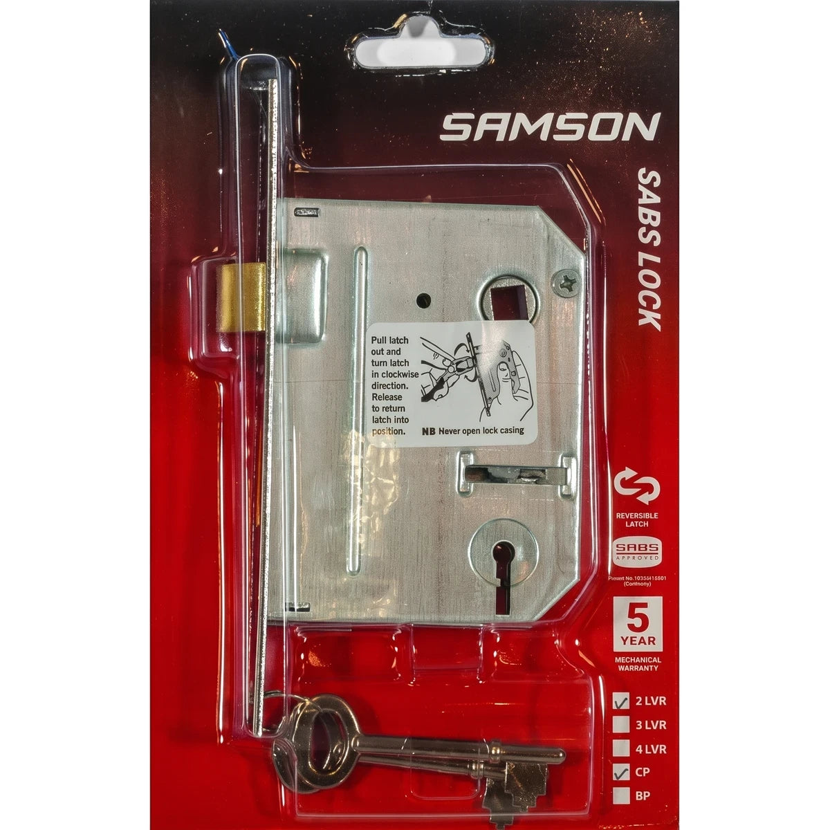 Samson Lbod 2L Sabs Cp lock set in red blister packaging with silver lock mechanism and two keys.