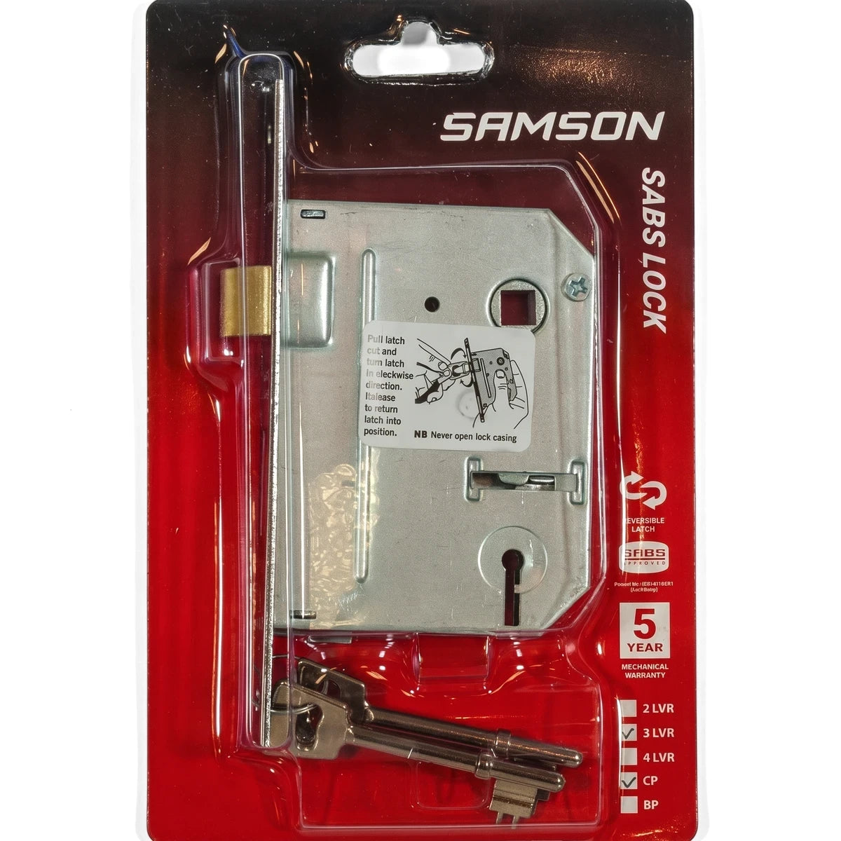 Samson Lbod 3L Sabs Bp Lock in clear blister packaging with a silver mechanism and two keys on a red card.