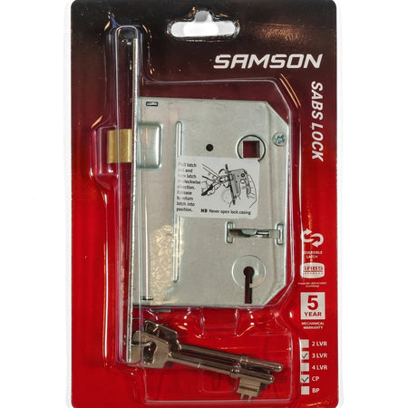 Samson Lbod 3L Sabs Bp Lock in clear blister packaging with a silver mechanism and two keys on a red card.