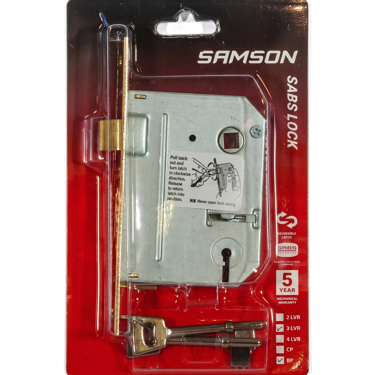 Samson Lbod 3L Sabs Cp lock in silver and brass, packaged on a red card with keys, highlighting its 3-lever mechanism.