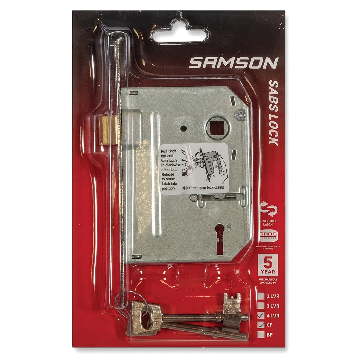 Samson Lbod 4L Sabs Cp lock with keys in red and clear blister packaging, showing product details and warranty.