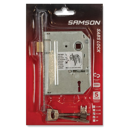Samson Lbod 4L Sabs Cp lock with keys in red and clear blister packaging, showing product details and warranty.