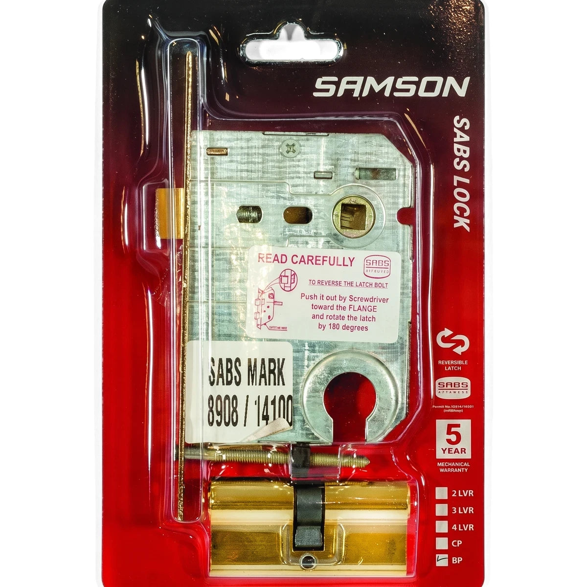 Samson Lbod Cyl C/W Euro Cyl Sabs Bp lock and latch set in plastic packaging with a red card, displaying metal components