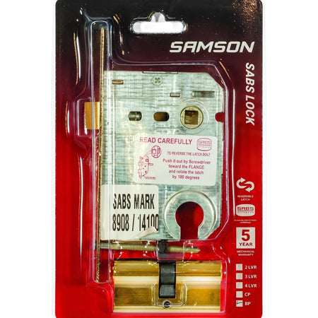Samson Lbod Cyl C/W Euro Cyl Sabs Bp lock and latch set in plastic packaging with a red card, displaying metal components