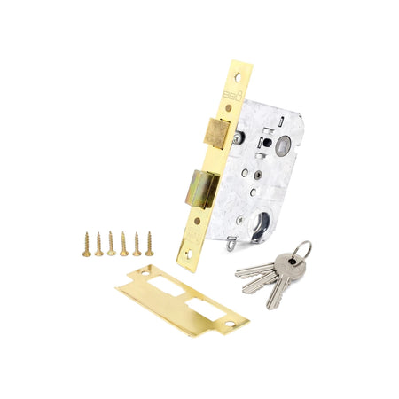 Samson Lbod Cyl Sabs Bp Locks and Latches set, featuring a brass and metallic mortise lock mechanism, a golden strike plate,