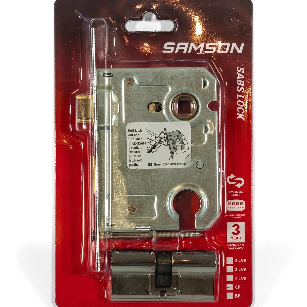 Samson Lbod Cyl Sabs Cp mechanical lock and latch set in clear blister packaging with red backing, featuring a silver