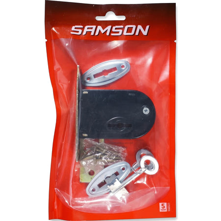Samson Lbod Gate Elzette Type Locks and Latches kit, featuring a black lock, silver escutcheons, and keys, presented in