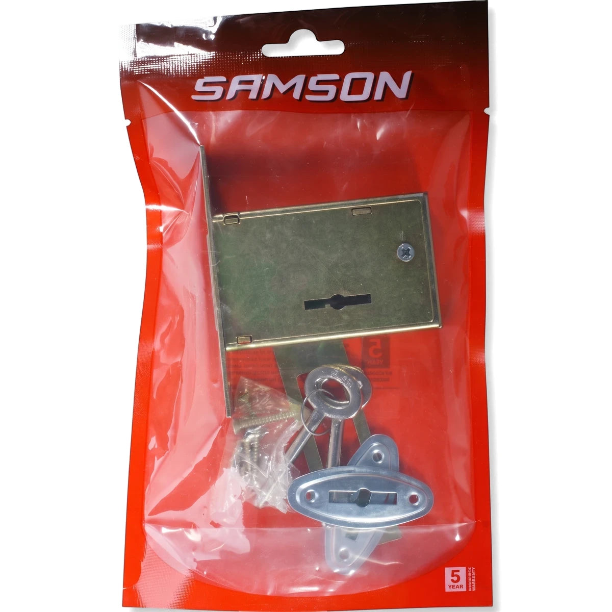 Samson Lbod Gate N302 lock and latch set, with a gold-toned lock, keys, and strike plates, sealed in a red plastic bag.