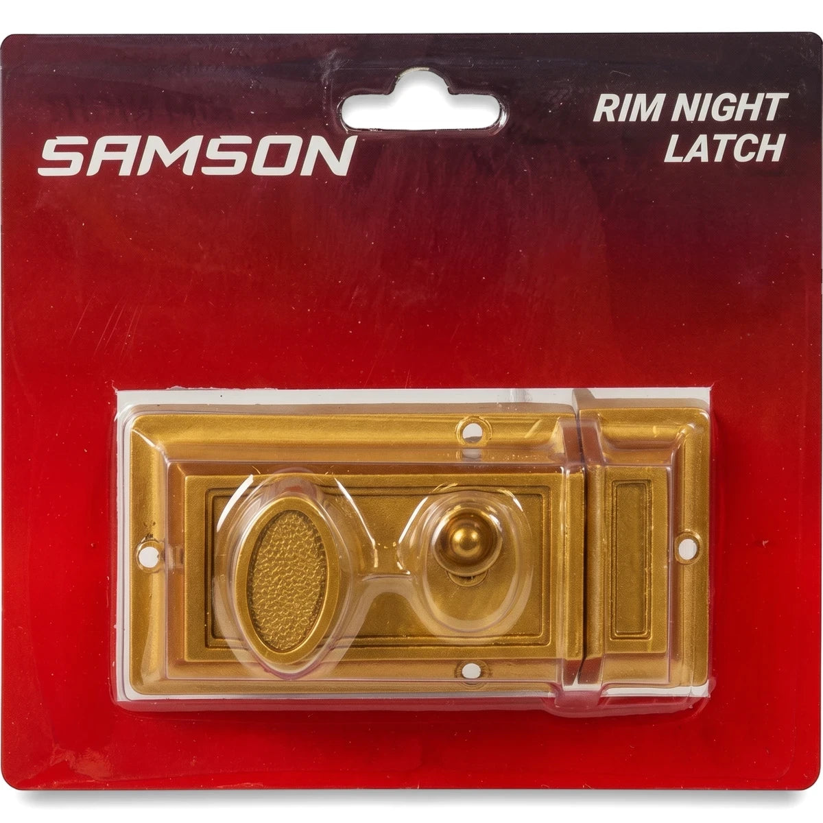 Samson Lbod N/Latch Bird Type cylindrical rim night latch in gold finish, sealed in clear plastic packaging on a red card.