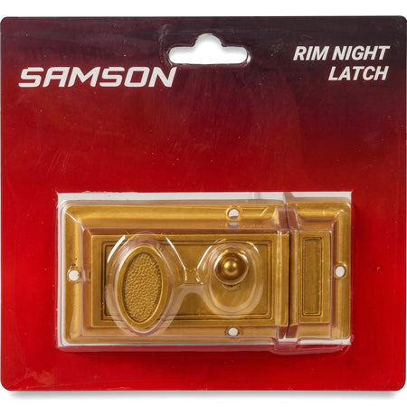 Samson Lbod N/Latch Bird Type cylindrical rim night latch in gold finish, sealed in clear plastic packaging on a red card.