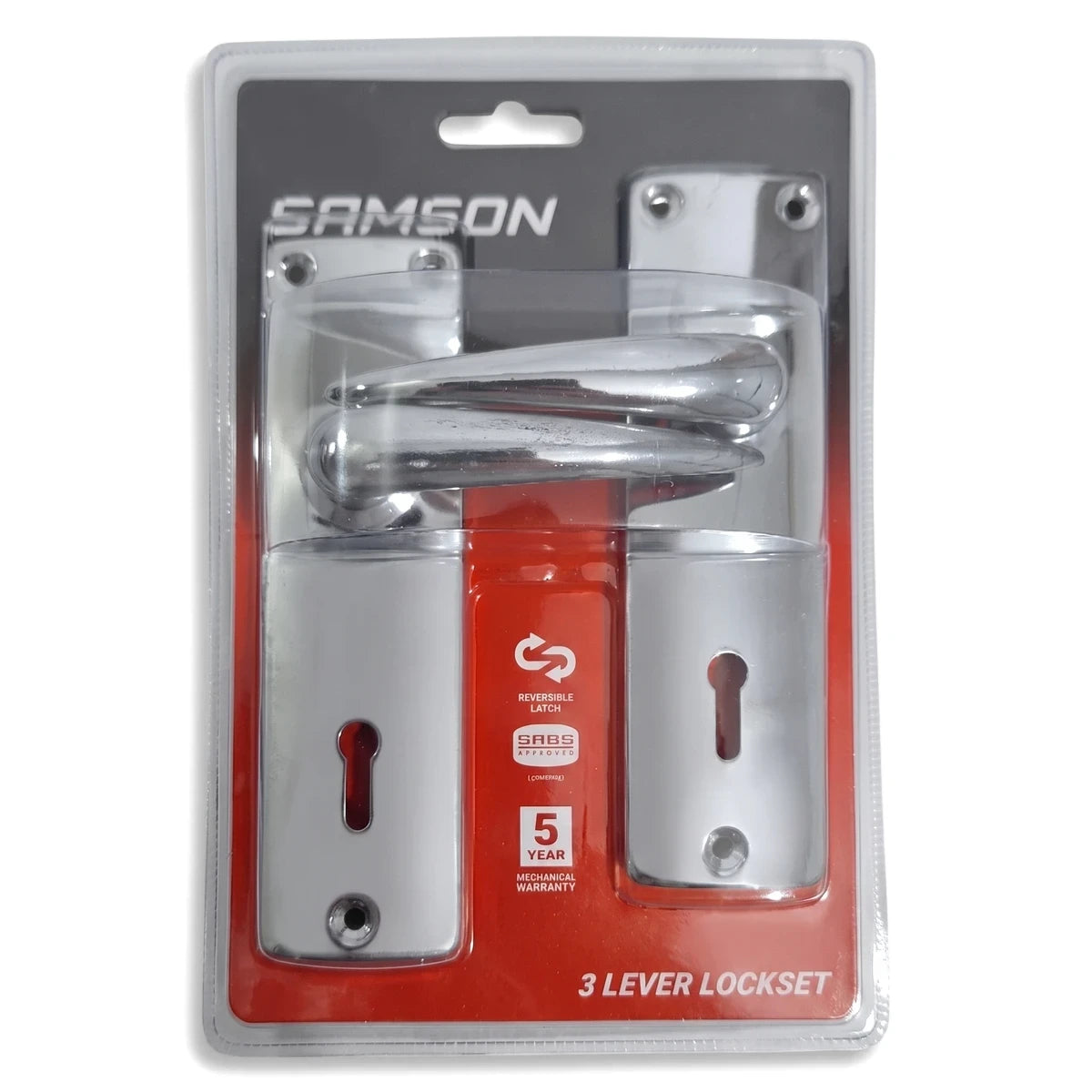 Samson Lbod Premium 3L Sabs Ss Locks & Latches, chrome finish, packaged in clear blister pack with red details.