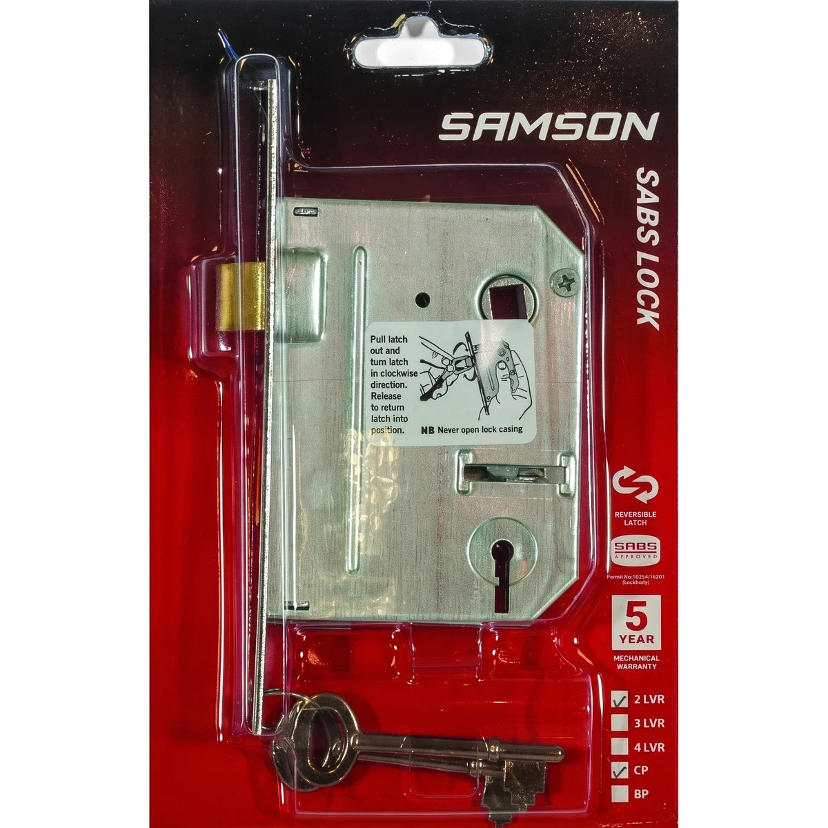 Samson Lbod Premium 2L Sabs Ss lock and latches in clear plastic packaging with red card backing, showing a silver-toned