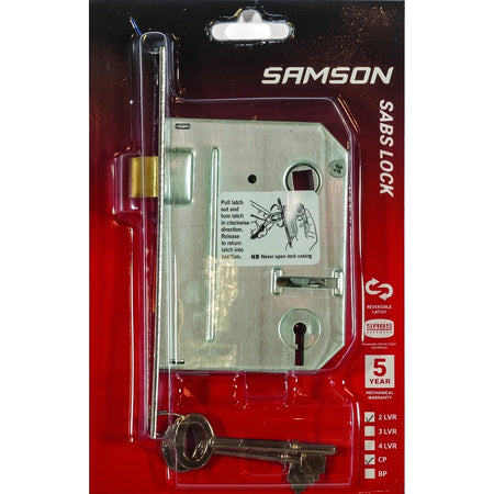 Samson Lbod Premium 2L Sabs Ss lock and latches in clear plastic packaging with red card backing, showing a silver-toned