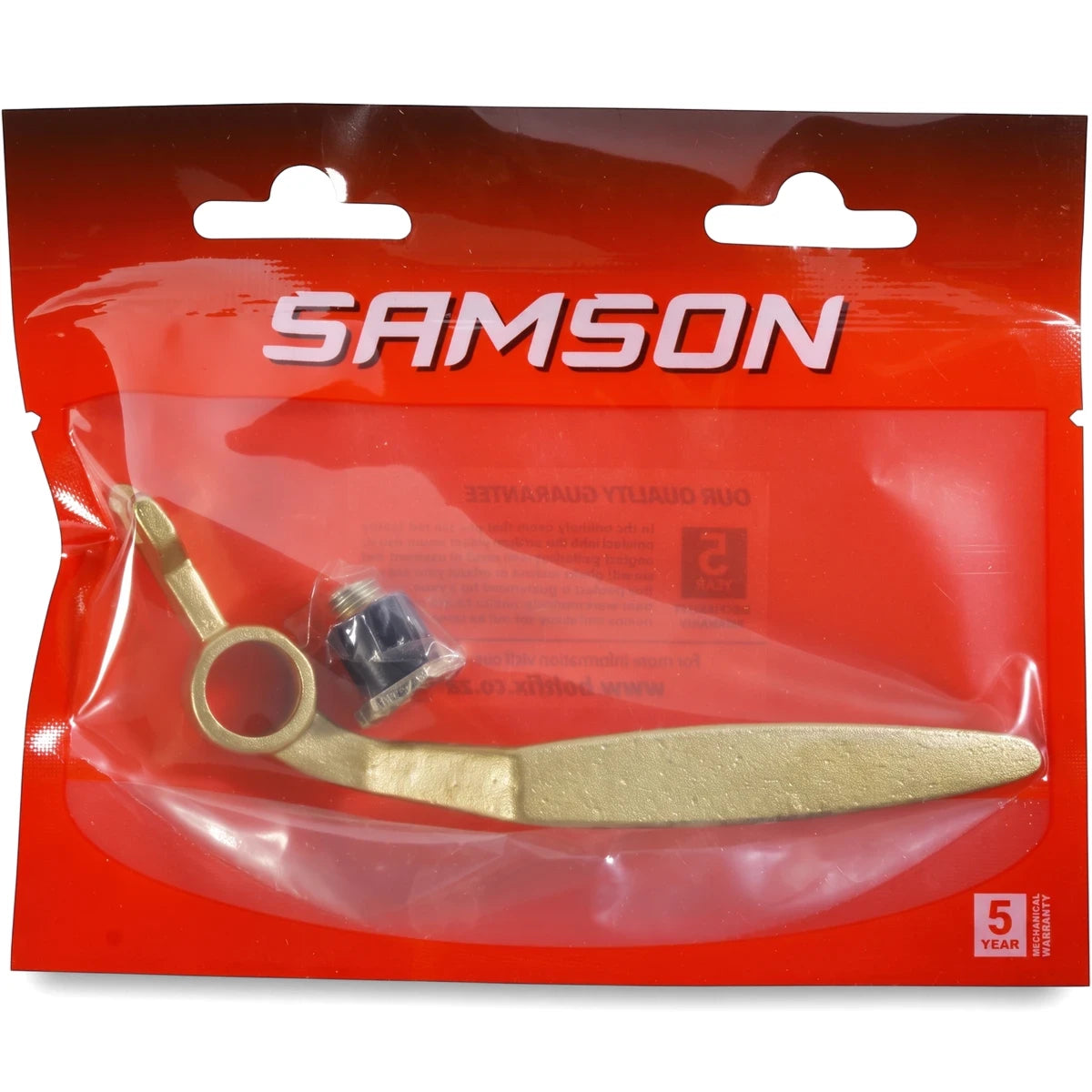 Samson left-hand brass window handle for standard locking mechanism, packaged in clear plastic and red cardboard.