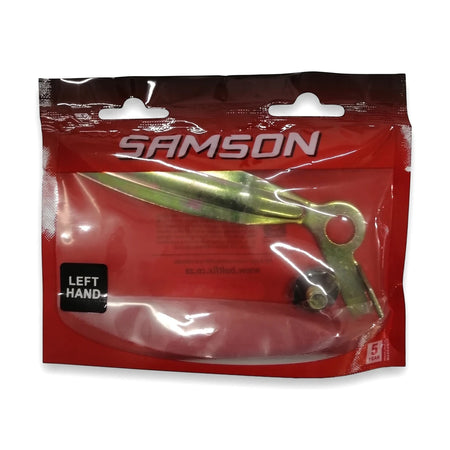 Samson left-hand pressed window handle in metallic yellow/gold, sealed in a red retail package with a clear front.