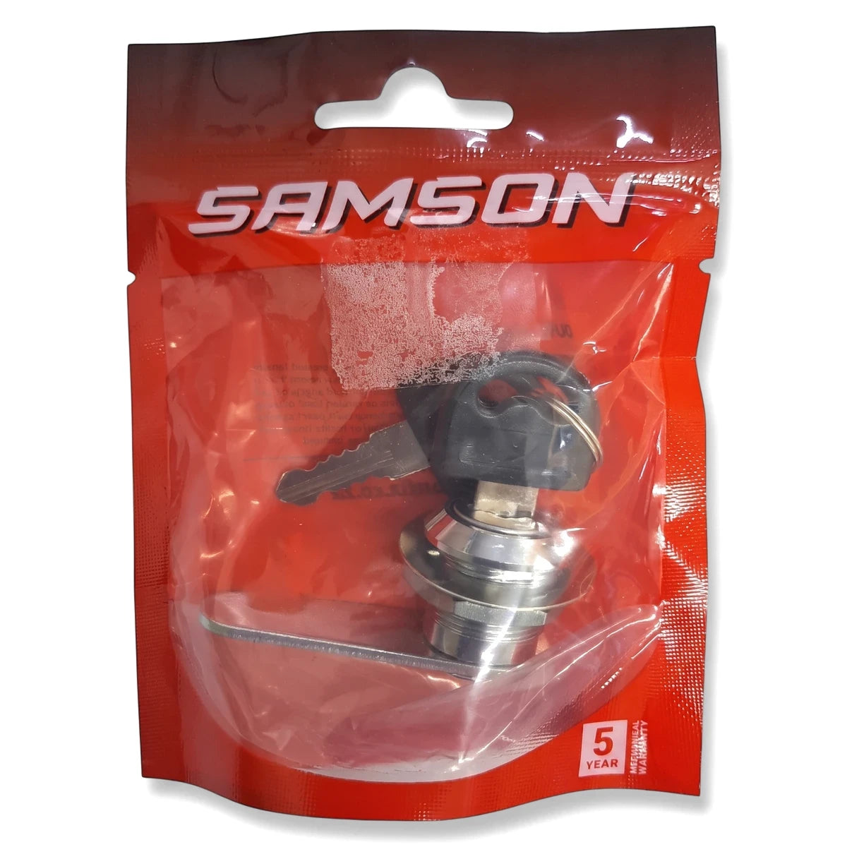 Samson Lock Cam 16mm Cp in red and clear packaging with a silver lock mechanism and black keys, ideal for security.