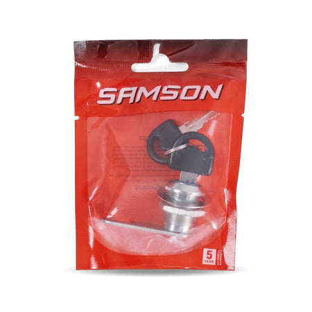 Samson Lock Cam 20mm Cp lock with two black keys, packaged in a clear and red plastic bag, ready for retail.