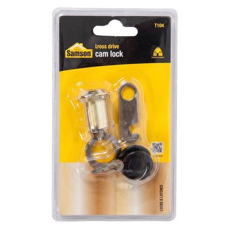 Samson Lock Cam 25mm Bp Locks & Latches, featuring the lock, key, and mounting hardware in a clear blister pack on a yellow