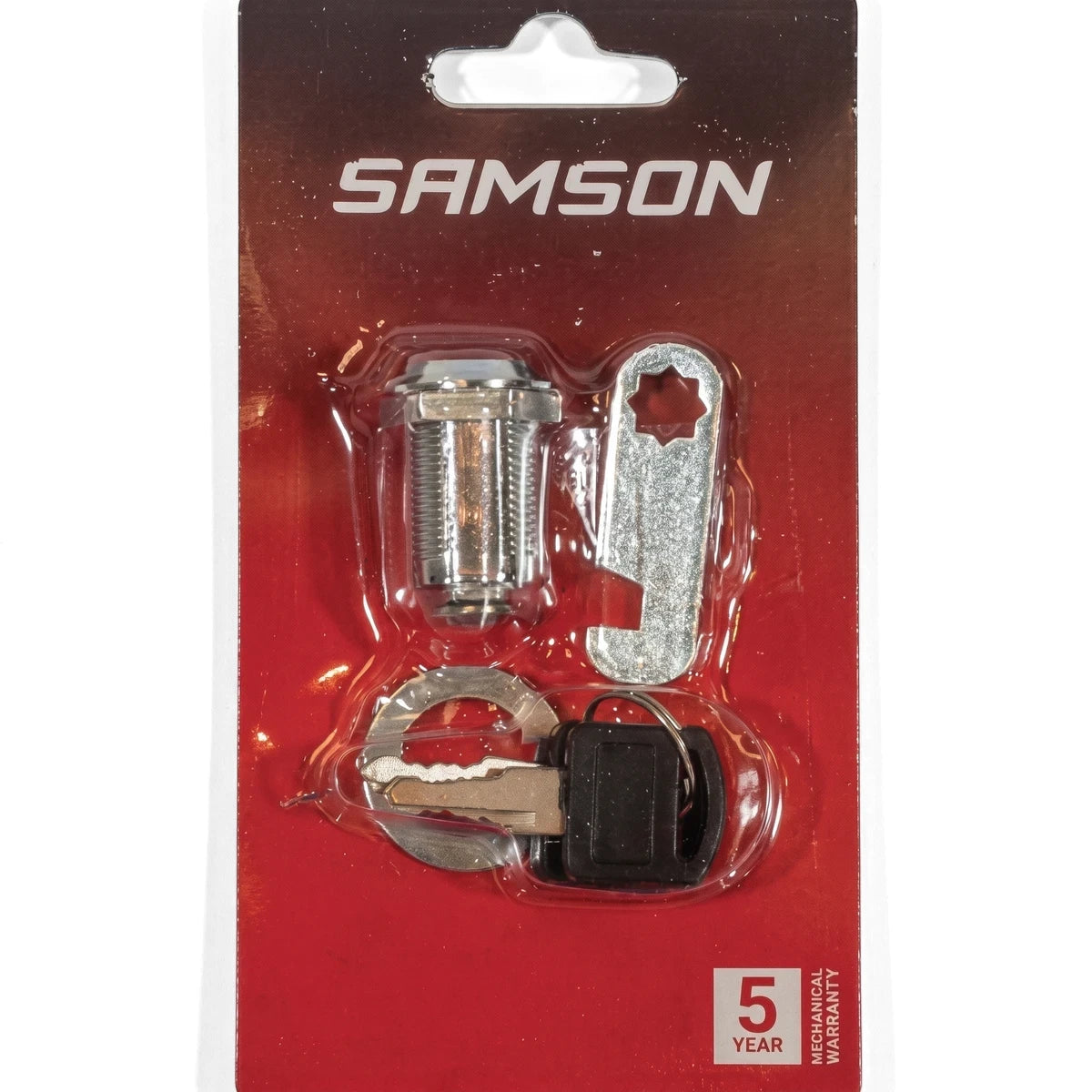 Samson Lock Cam 25mm Cp Locks & Latches kit, featuring a silver cam lock, two keys, and mounting hardware in clear blister