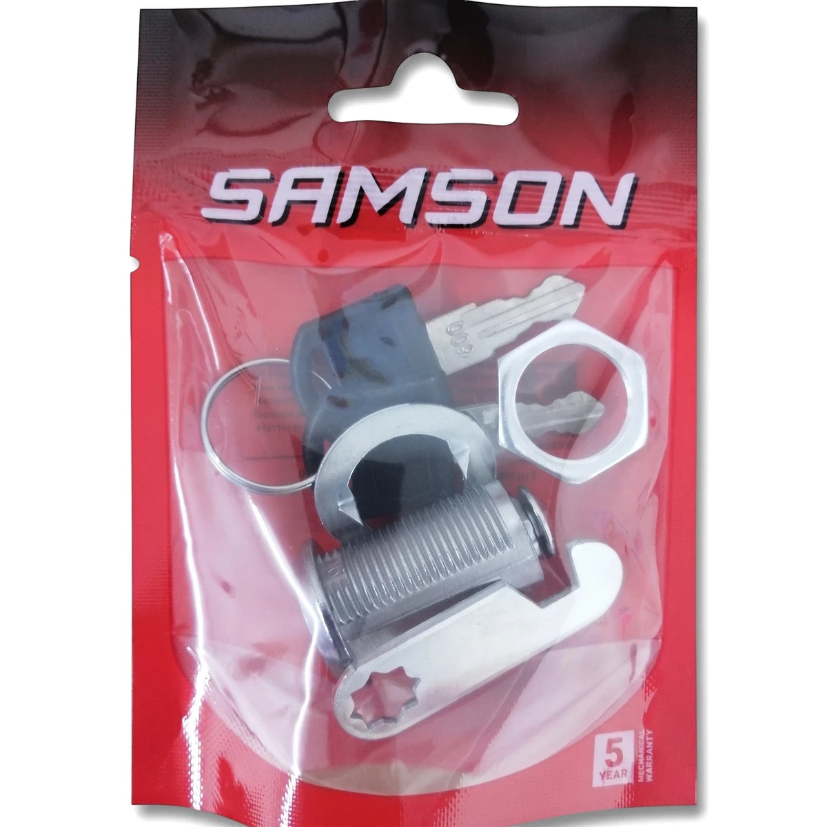 Samson Lock Cam 30mm Cp lock set in red transparent packaging, featuring a silver lock cylinder, two keys, and mounting nuts.