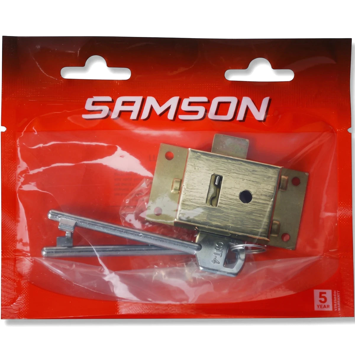 Samson Lock Cupboard 2L 64mm Bp, a brass-colored cupboard lock with two silver keys, visible through its red and clear