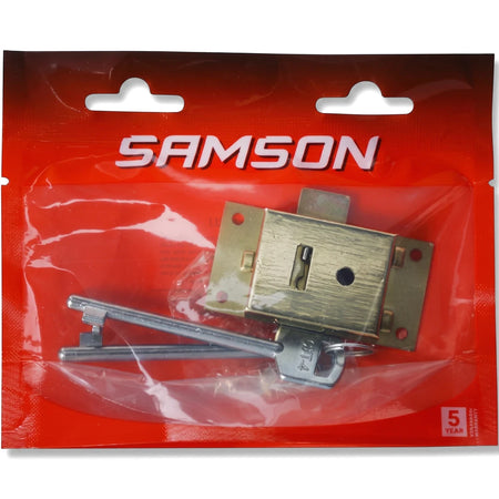 Samson Lock Cupboard 2L 64mm Bp, a brass-colored cupboard lock with two silver keys, visible through its red and clear