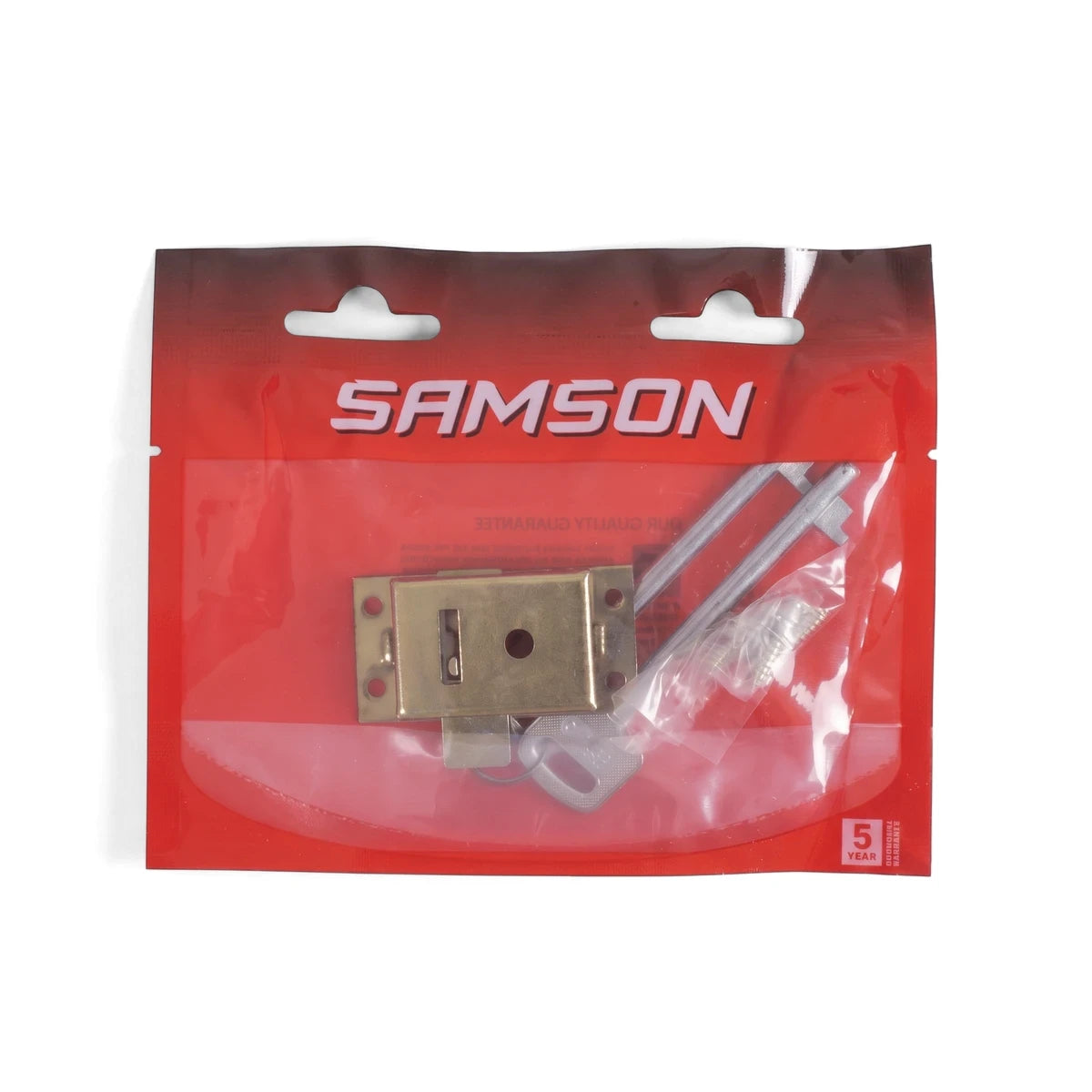Samson Lock Cupboard 2L 76mm Bp lock and keys in a red and white branded plastic pouch, front view.
