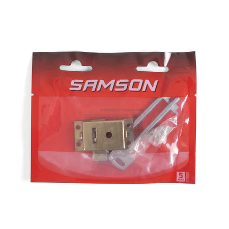 Samson Lock Cupboard 2L 76mm Bp lock and keys in a red and white branded plastic pouch, front view.