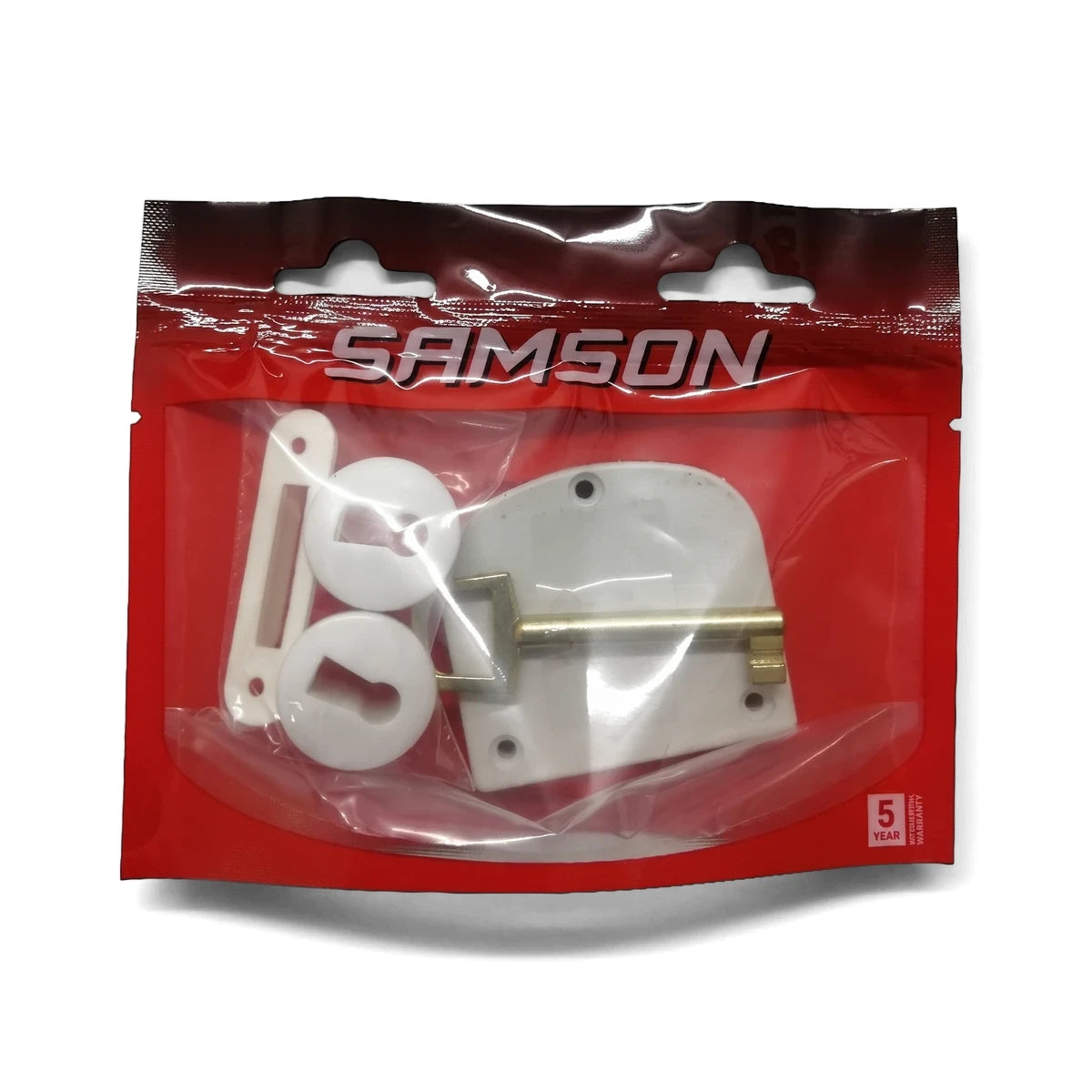 White plastic Samson cupboard lock set with a gold metal pin, packaged in a clear and red plastic bag showing a 5-year